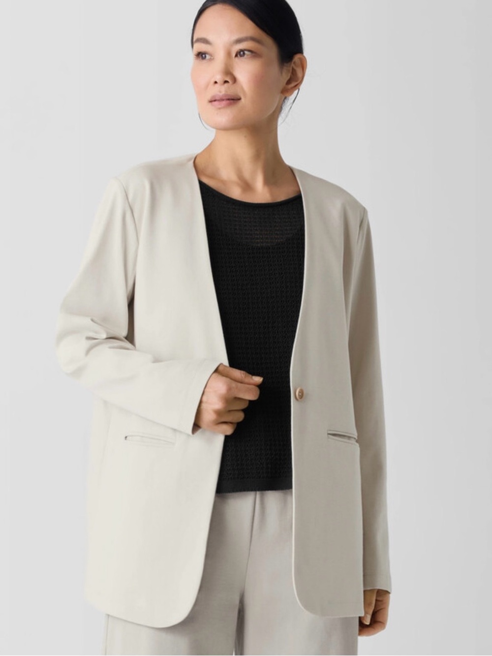 Eileen Fisher Cotton Blend Ponte V-Neck Blazer In Color Chalk, Long & Easy Fit,M